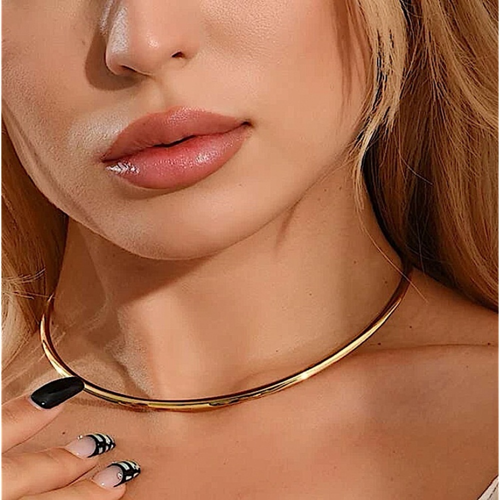 Gold Round Metal Collar Torques Maxi Choker Necklace